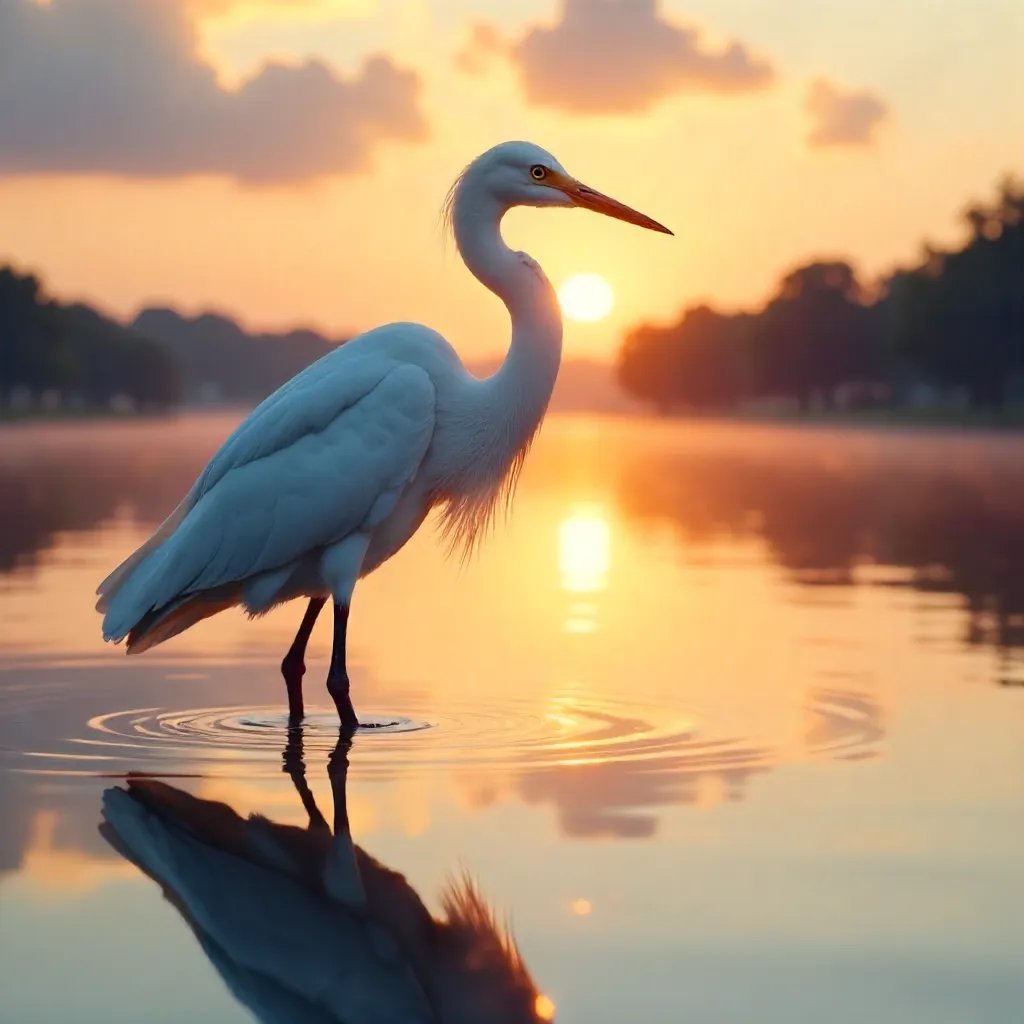 Graceful Egret at Sunset: Tranquil Reflection