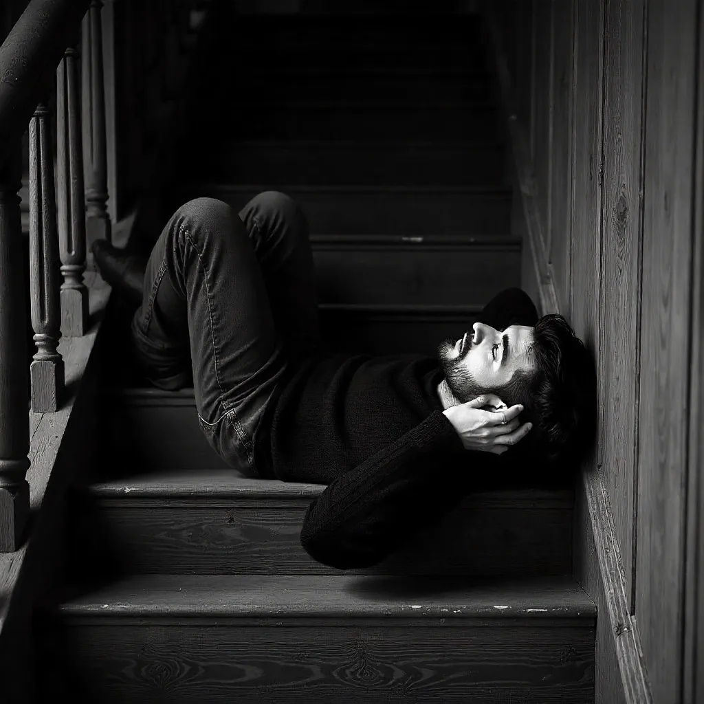 Moody Reclining Man on Wooden Stairs (B/W)