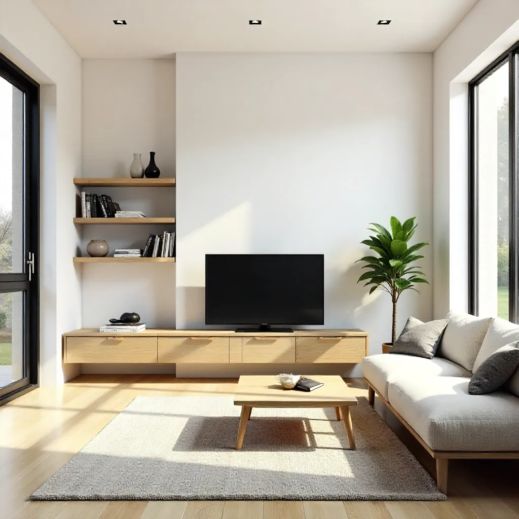 Minimalist Living Room with Wall-Mounted Bookshelves