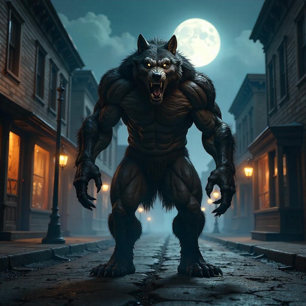 Werewolf in a Desolate Ghost Town (3D Render)
