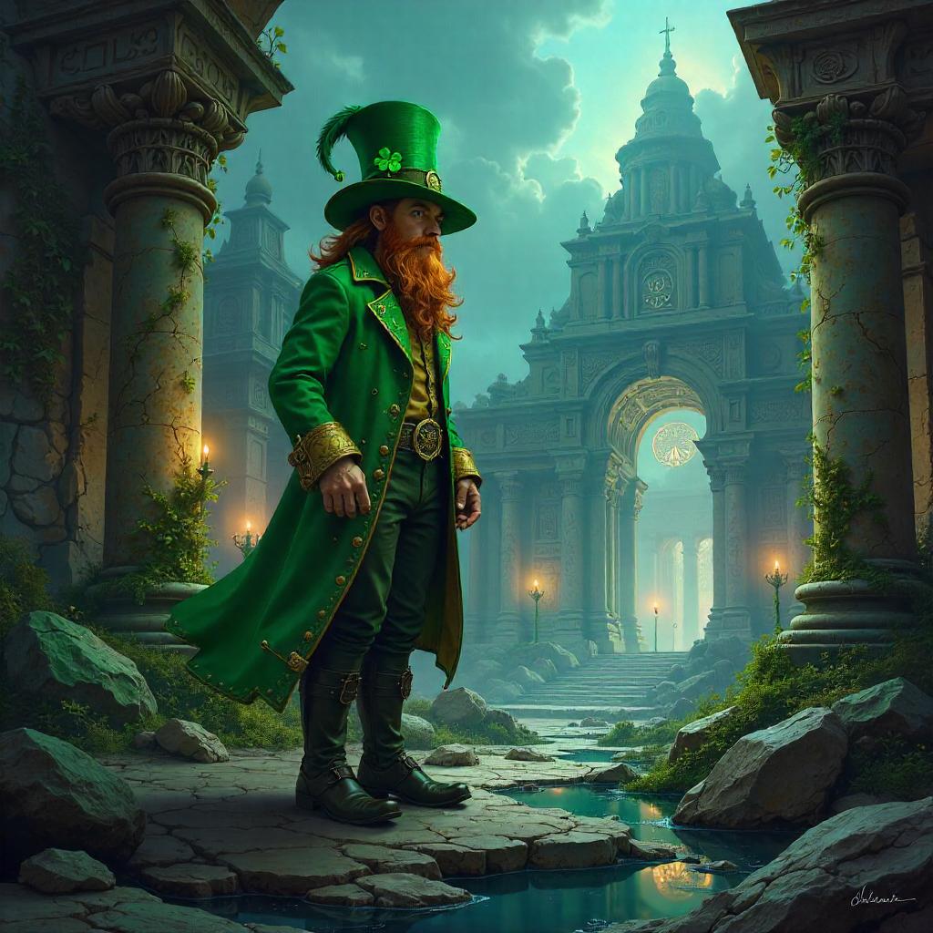 Leprechaun Amidst Neon Ruins of a Lost City