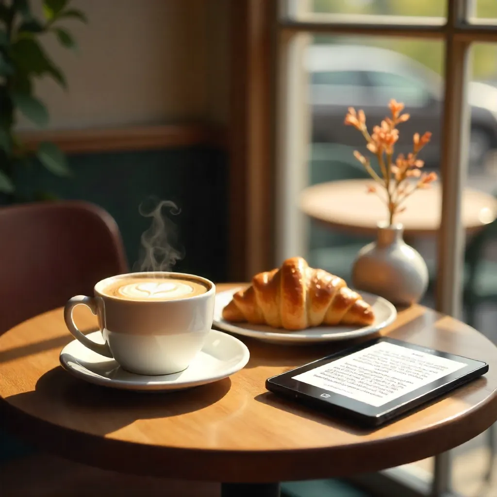 Serene Café Morning: Croissant, Cappuccino, and E-Reader