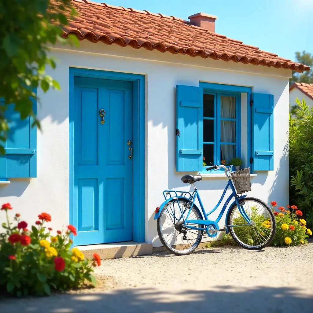 Sunlit Blue Bicycle by a White House with Blue Doors