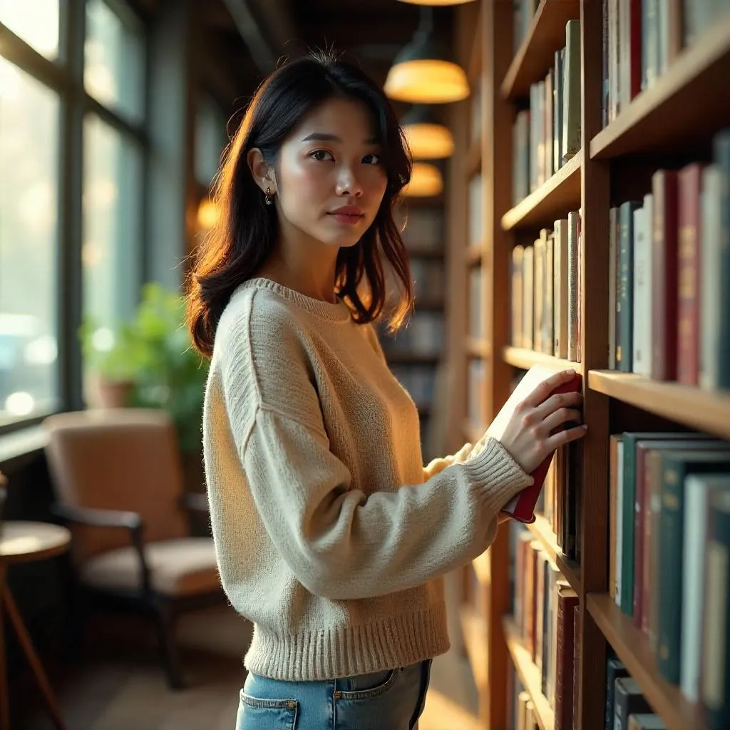 Photorealistic Asian Woman in a Cozy Bookstore