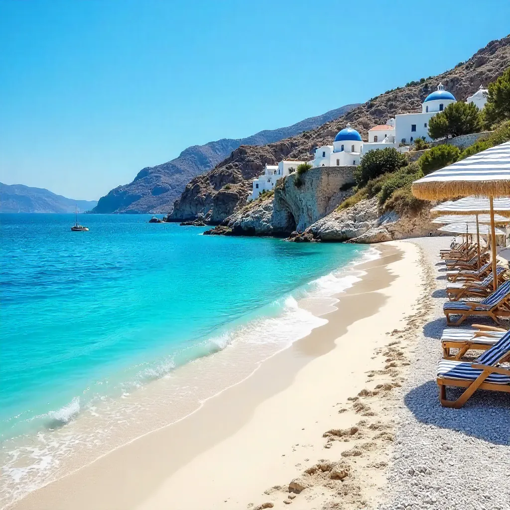 Serene Greek Beach: Blue Waves and Sunny Summer Vibes