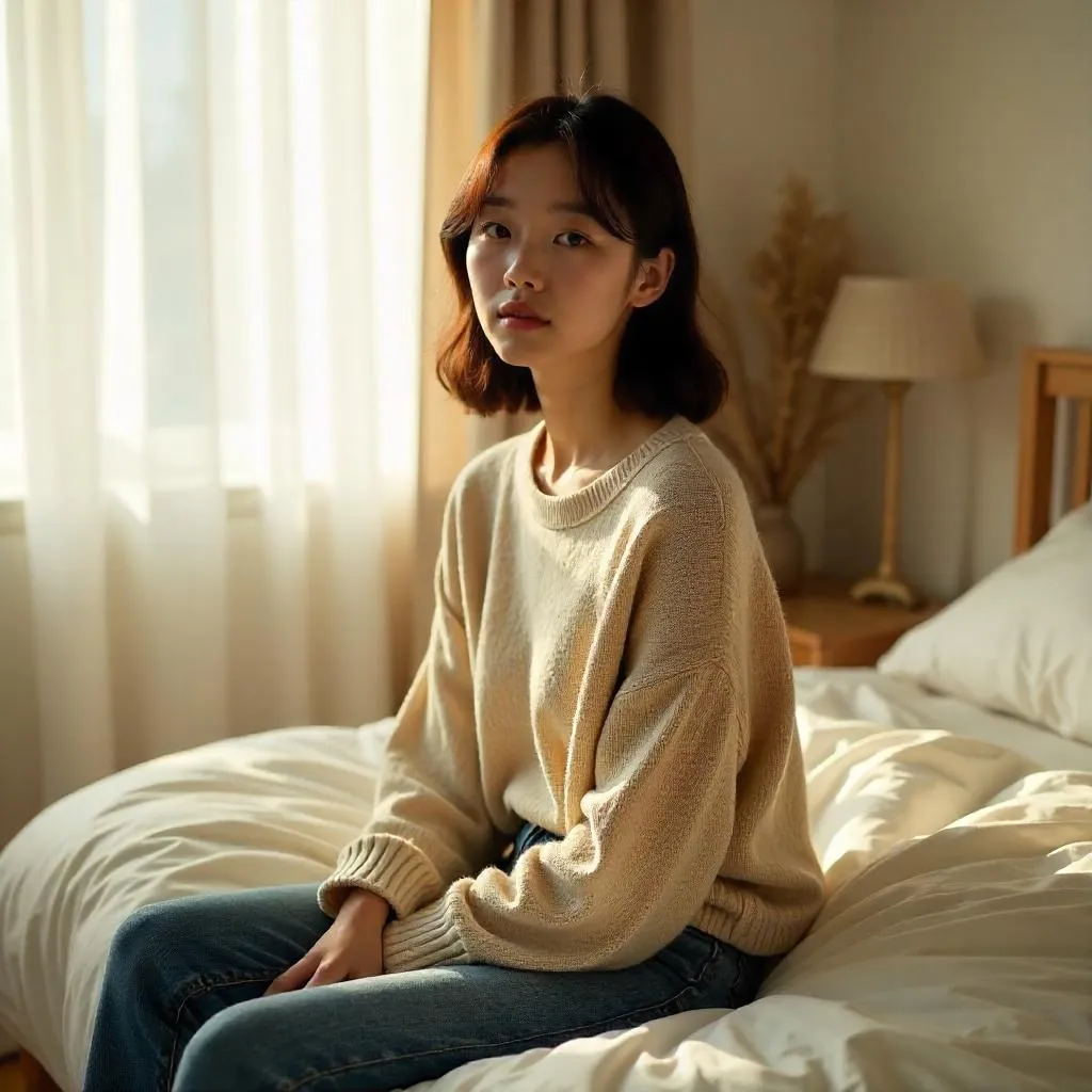 Photorealistic Portrait: Young Asian Woman in a Bedroom