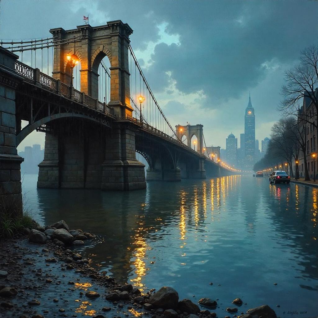 Bridge Over a Flooded City in Oil Painting