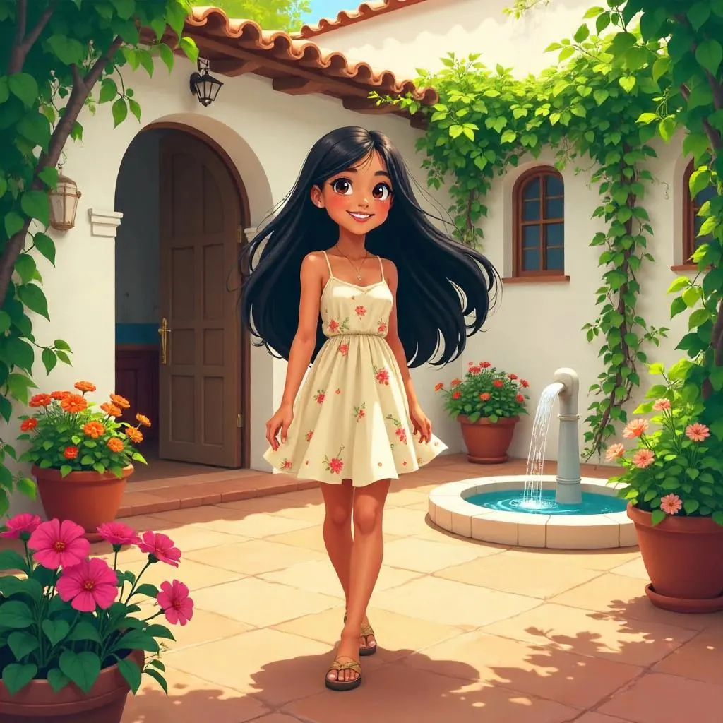 Cheerful Latina in a Sunny Courtyard - Anime Style