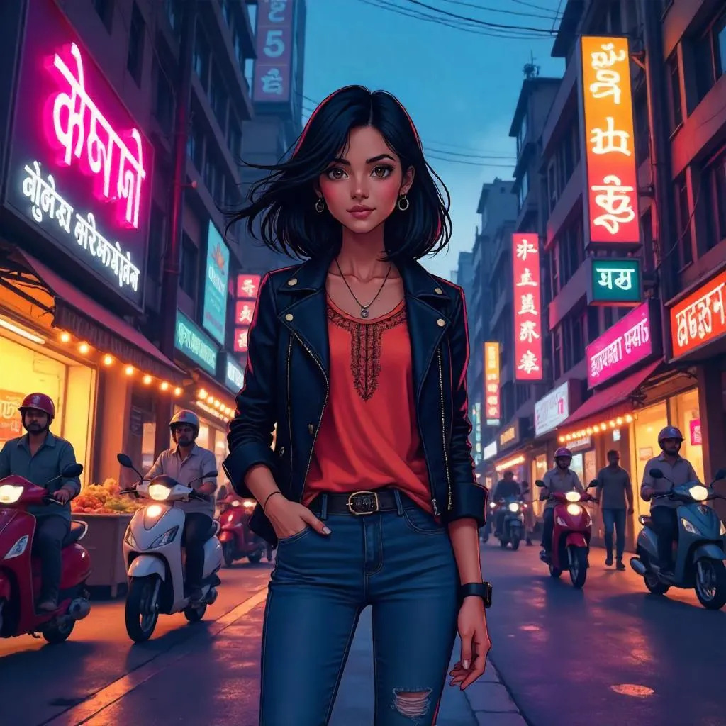 Neon Night Street: Anime Indian Woman