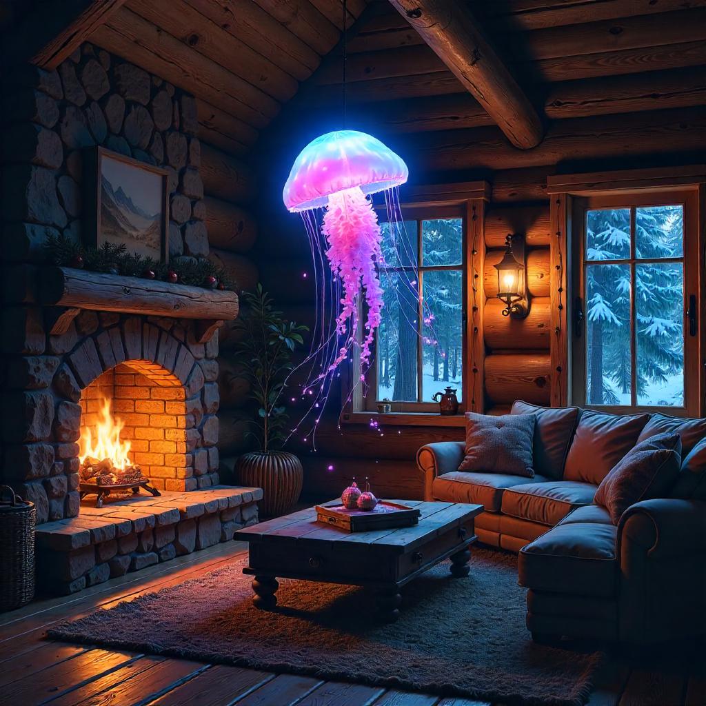 Bioluminescent Jellyfish in a Rustic Cabin
