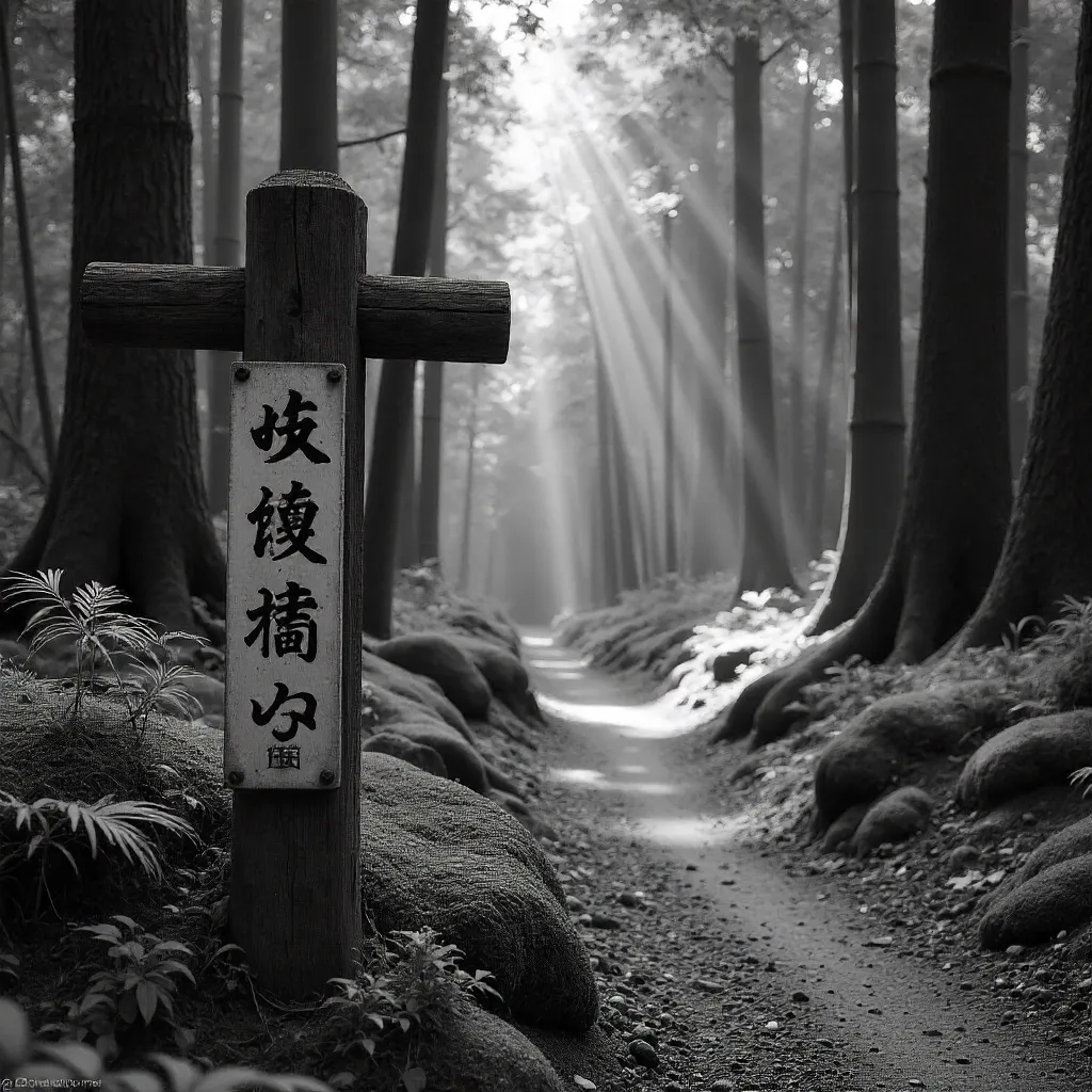 Monochrome Kyoto Forest Sign Amid Tranquil Whispering Trees