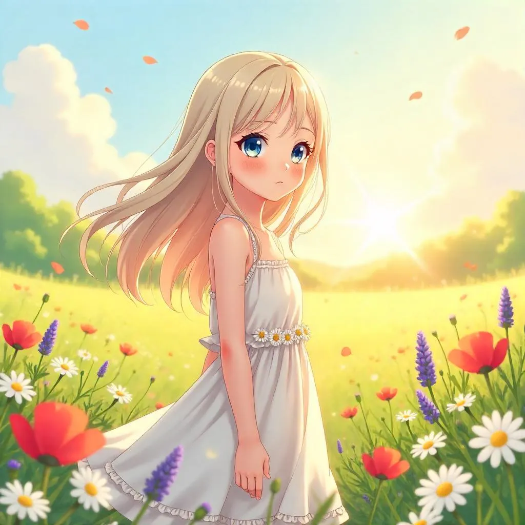 Pale-skinned Anime Girl in a Field of Flowers