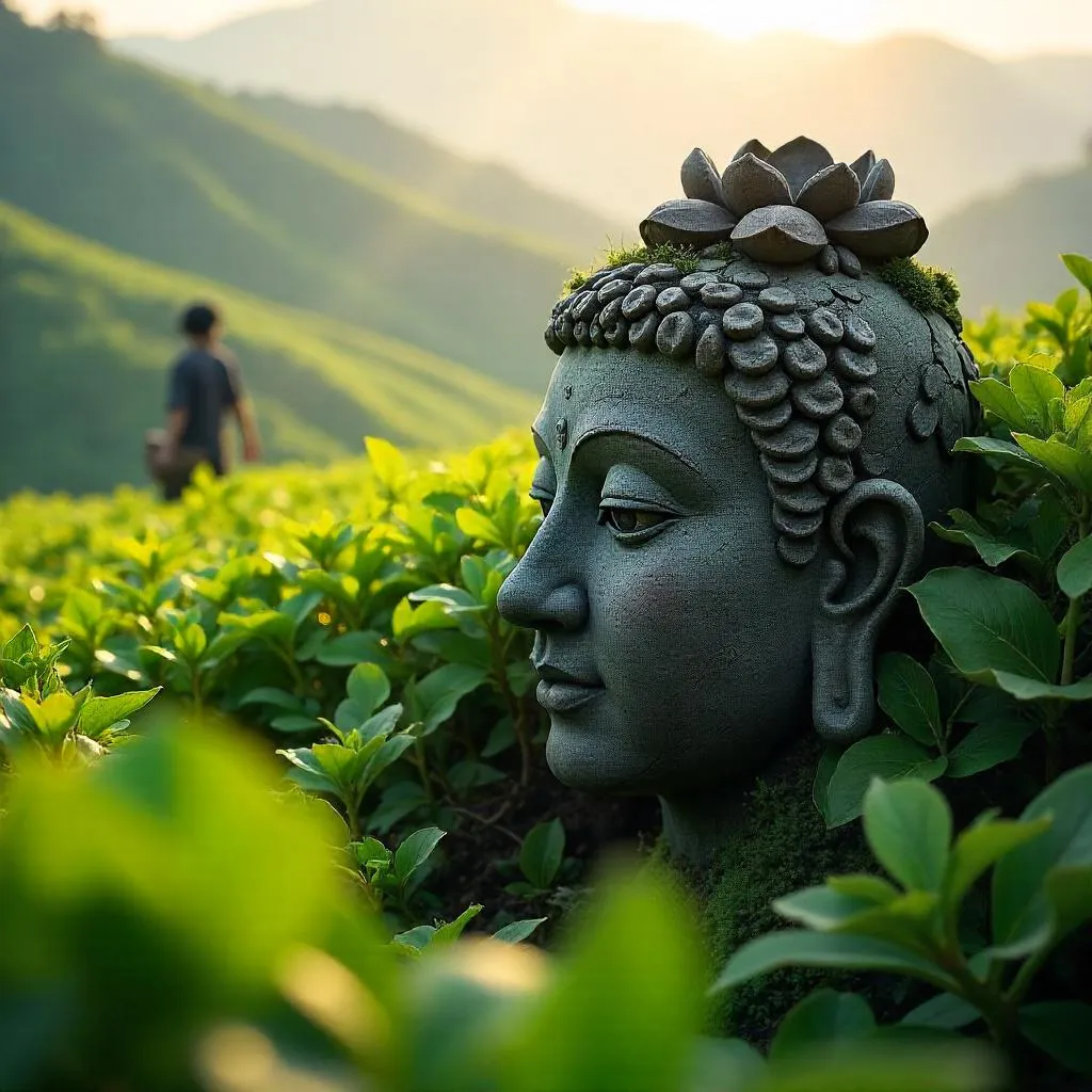 Ancient Artifact Amid a Misty Tea Plantation
