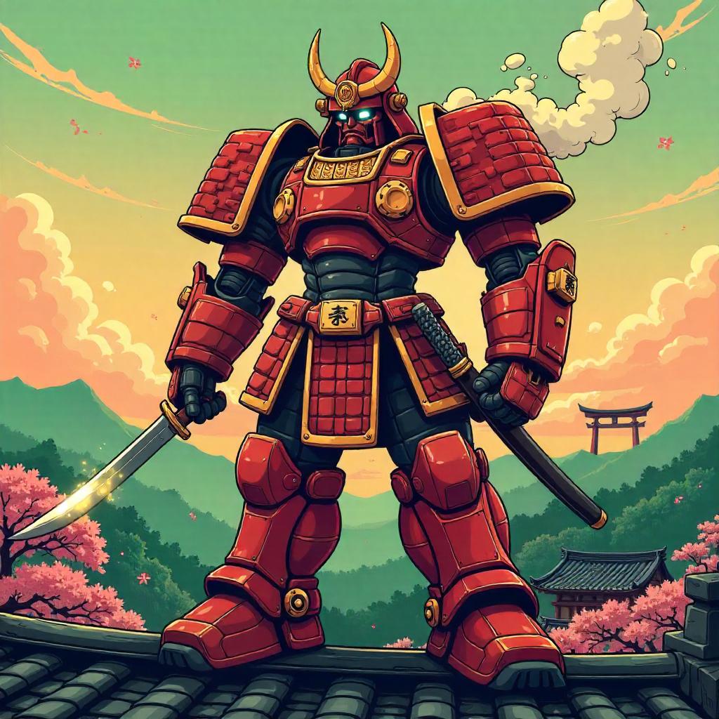Samurai Mech Armor in Feudal Japan – Cartoon Style