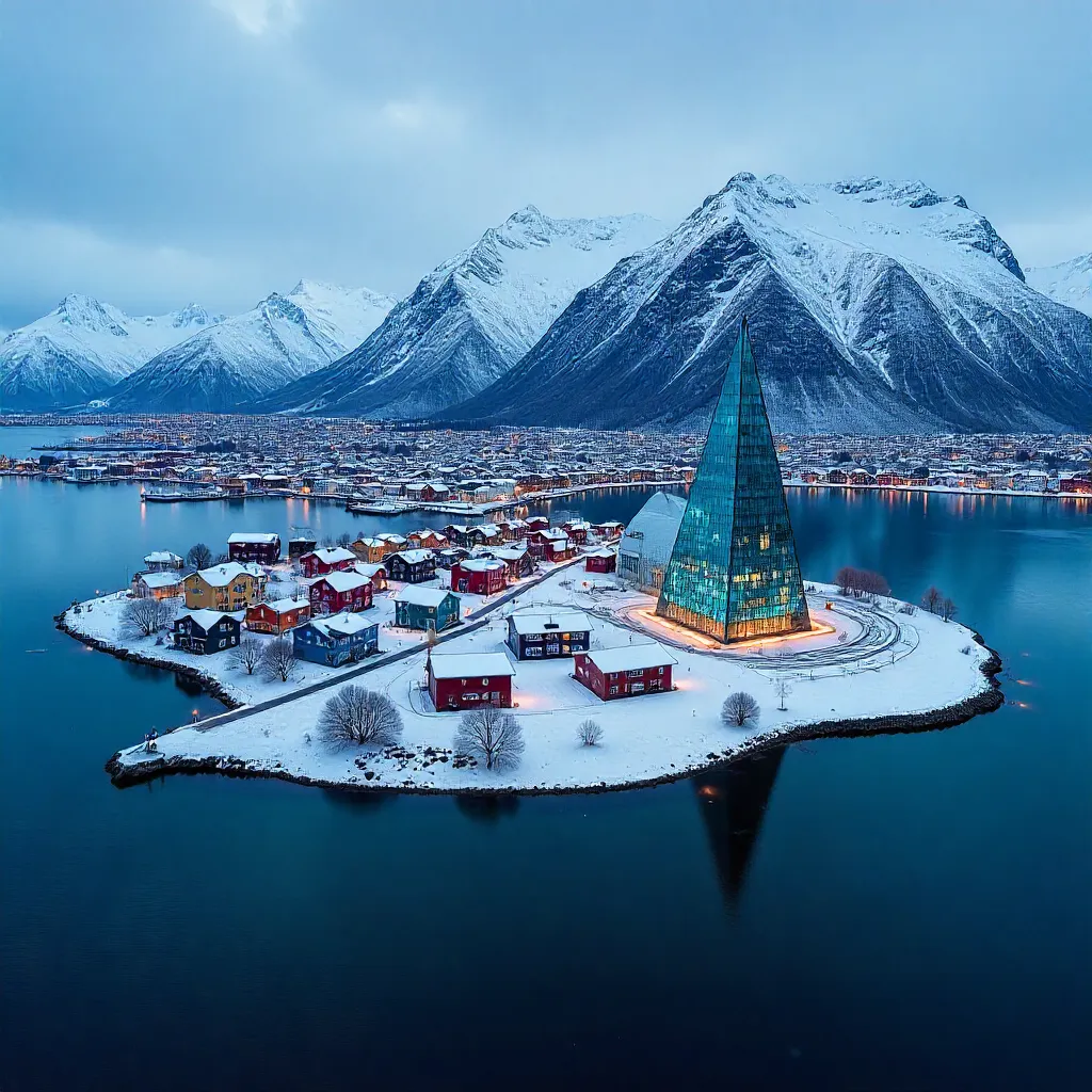 Aerial Panorama: Tromsø's Arctic Cathedral & Snowy Peaks