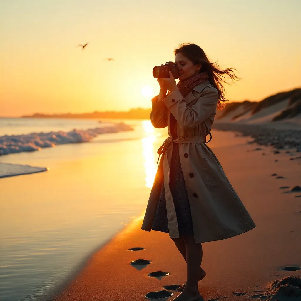 Sunset Trench Coat on the Beach with a Camera