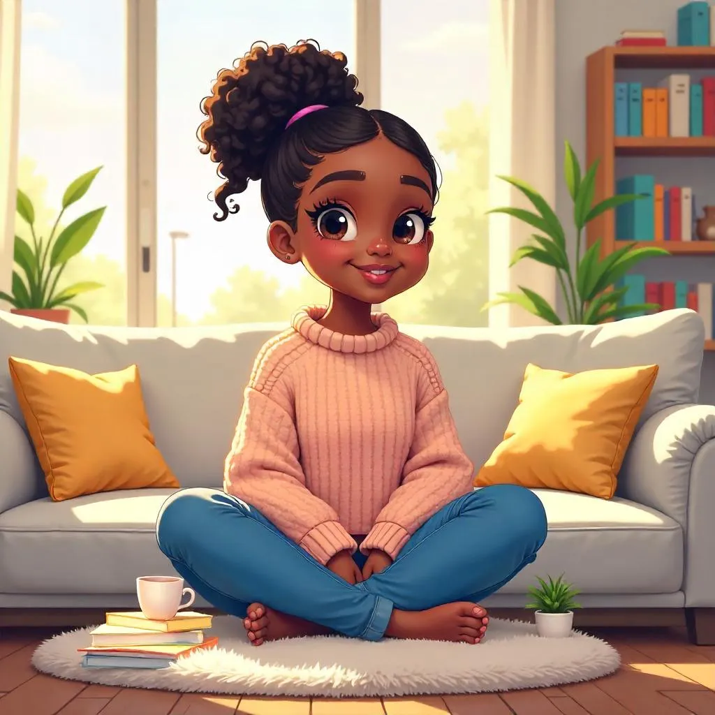 Cheerful Black Girl in a Sunny Living Room, Anime Style