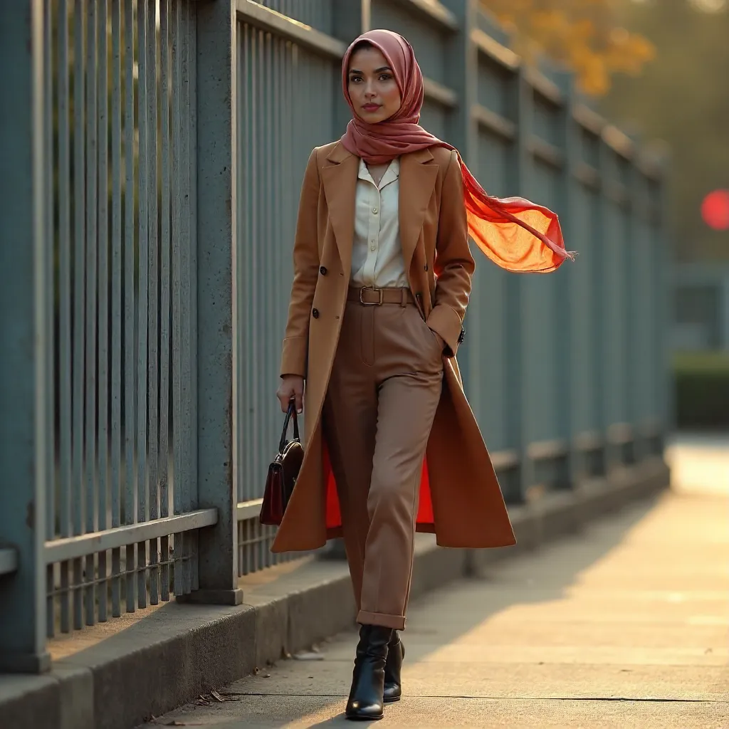 Stylish Hijab-Clad Woman Walking by a Metal Fence