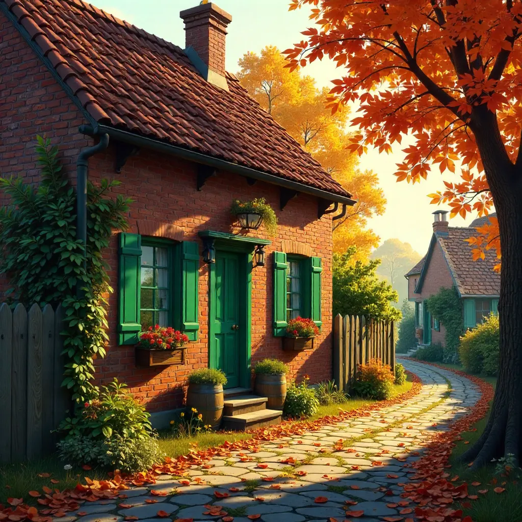 Autumn Brick Cottage with Green Shutters