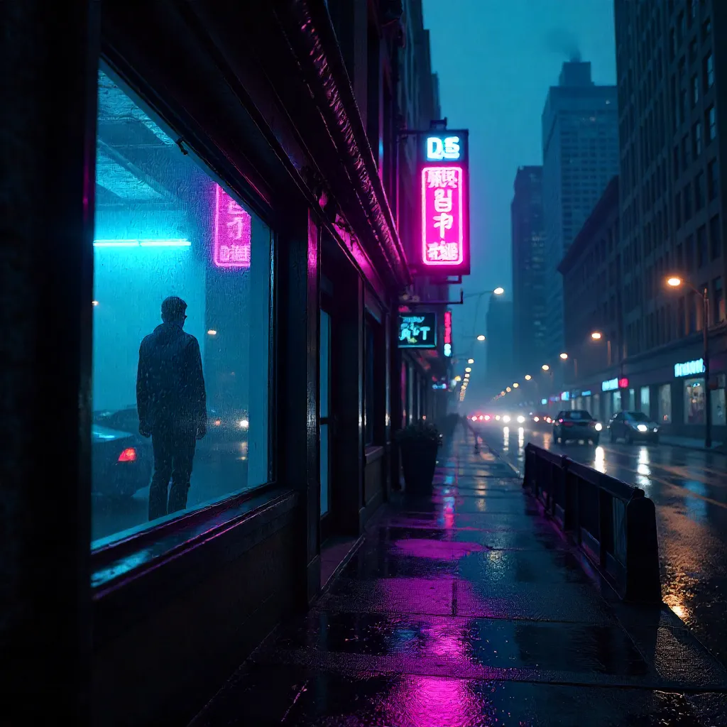 Neon Night Window: Lone Figure in Rain
