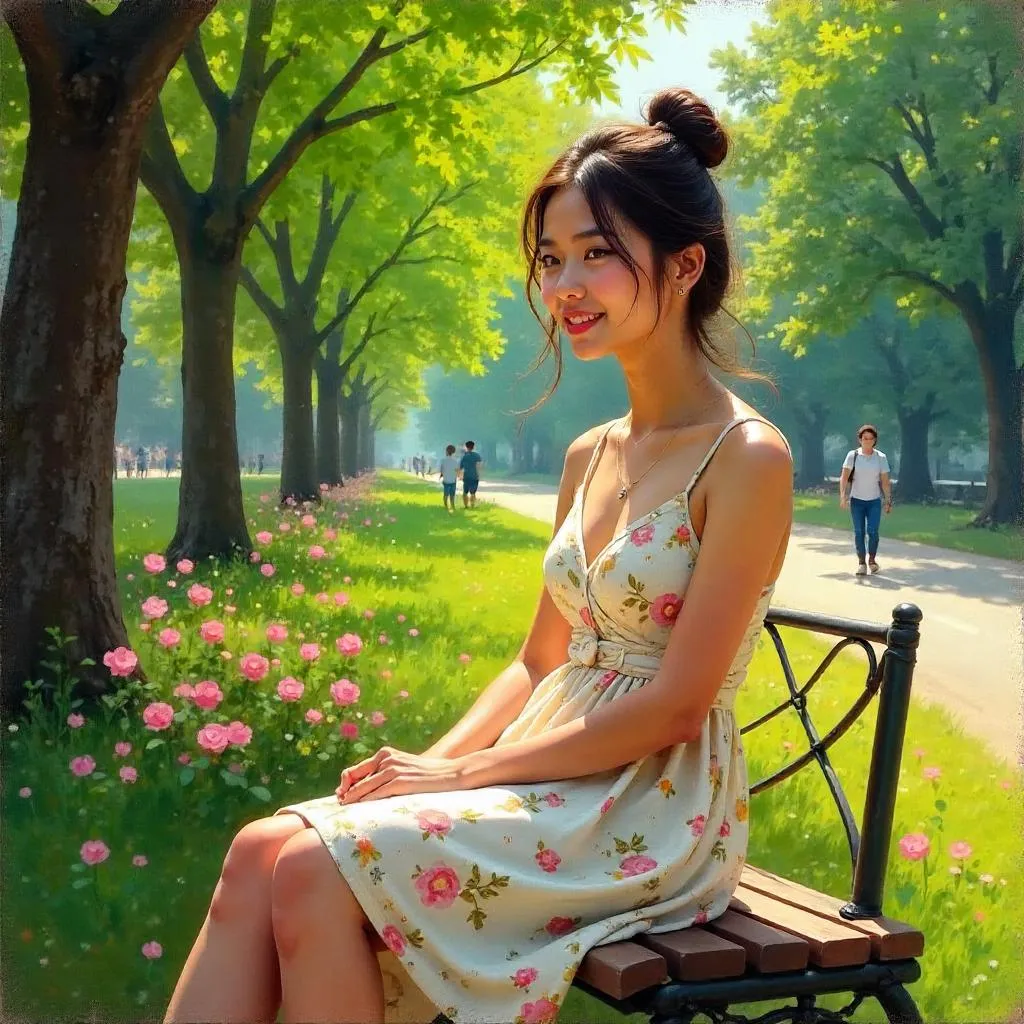 Impressionistic Oil Portrait of a Young Asian Woman in a Park
