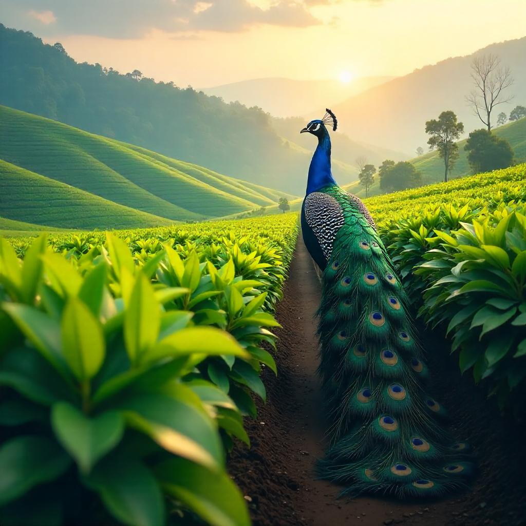 Peacock in a Verdant Tea Plantation