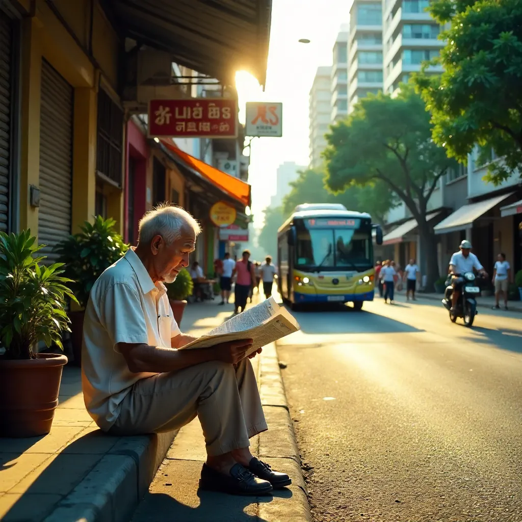 Candid Senior Reading a Newspaper on a Singapore Street