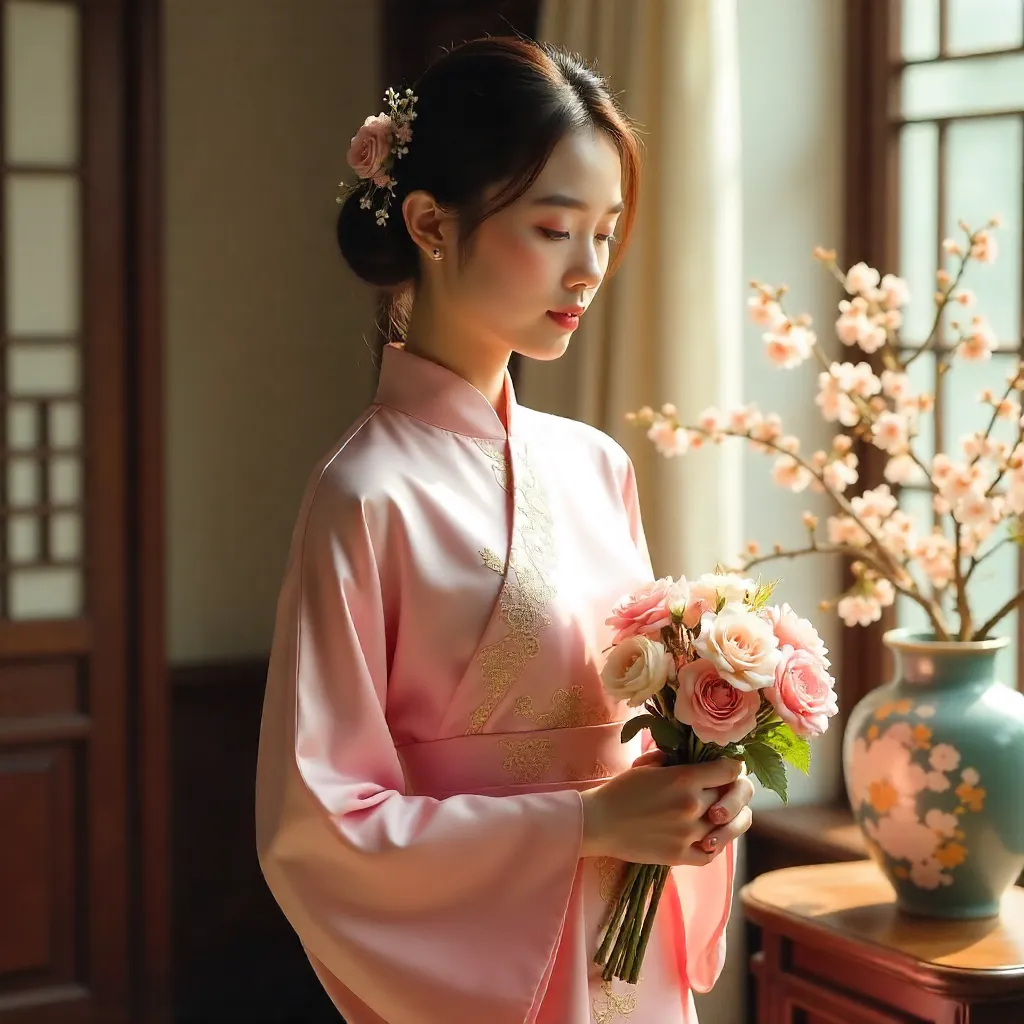 Indoor Pink Traditional Dress with Flowers, Cultural Elegance