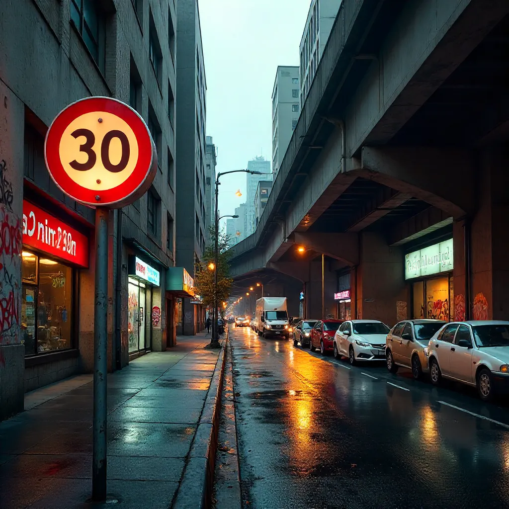 Urban Concrete Landscape with 30 MPH Sign and Parked Cars