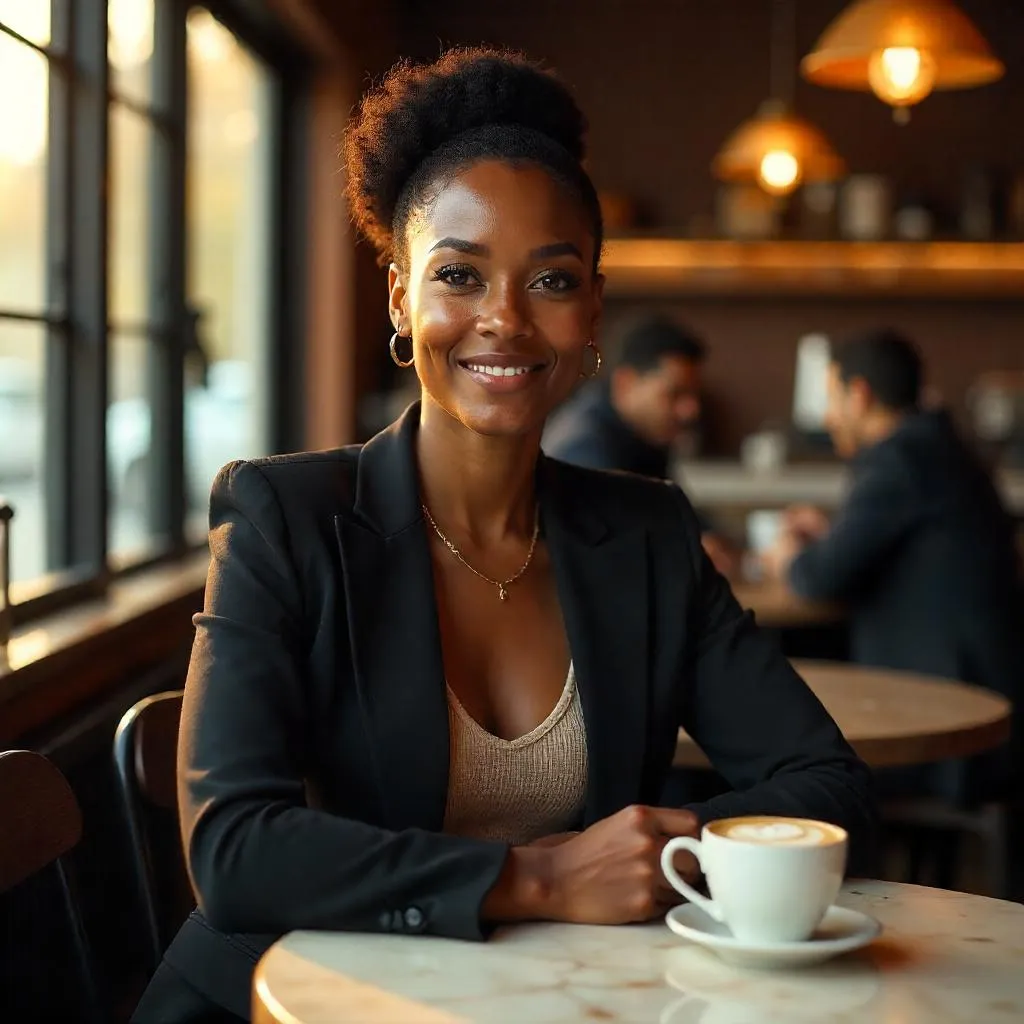 Elegant Black Woman in a Cozy Coffee Shop