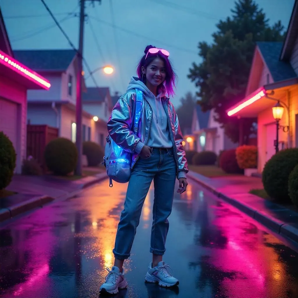 Cheerful Cyberpunk Girl in Neon Suburbia