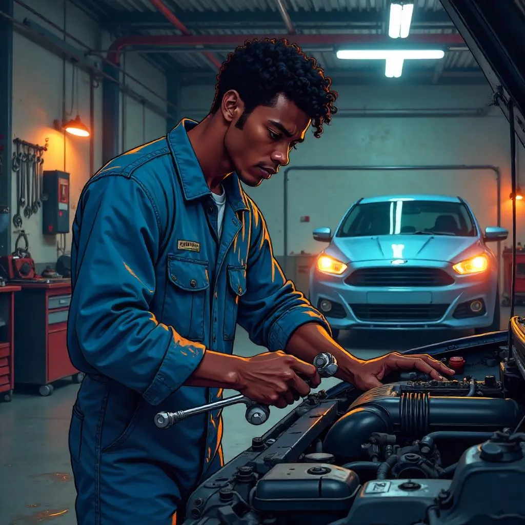 Young Black Anime Mechanic in a Busy Auto Shop