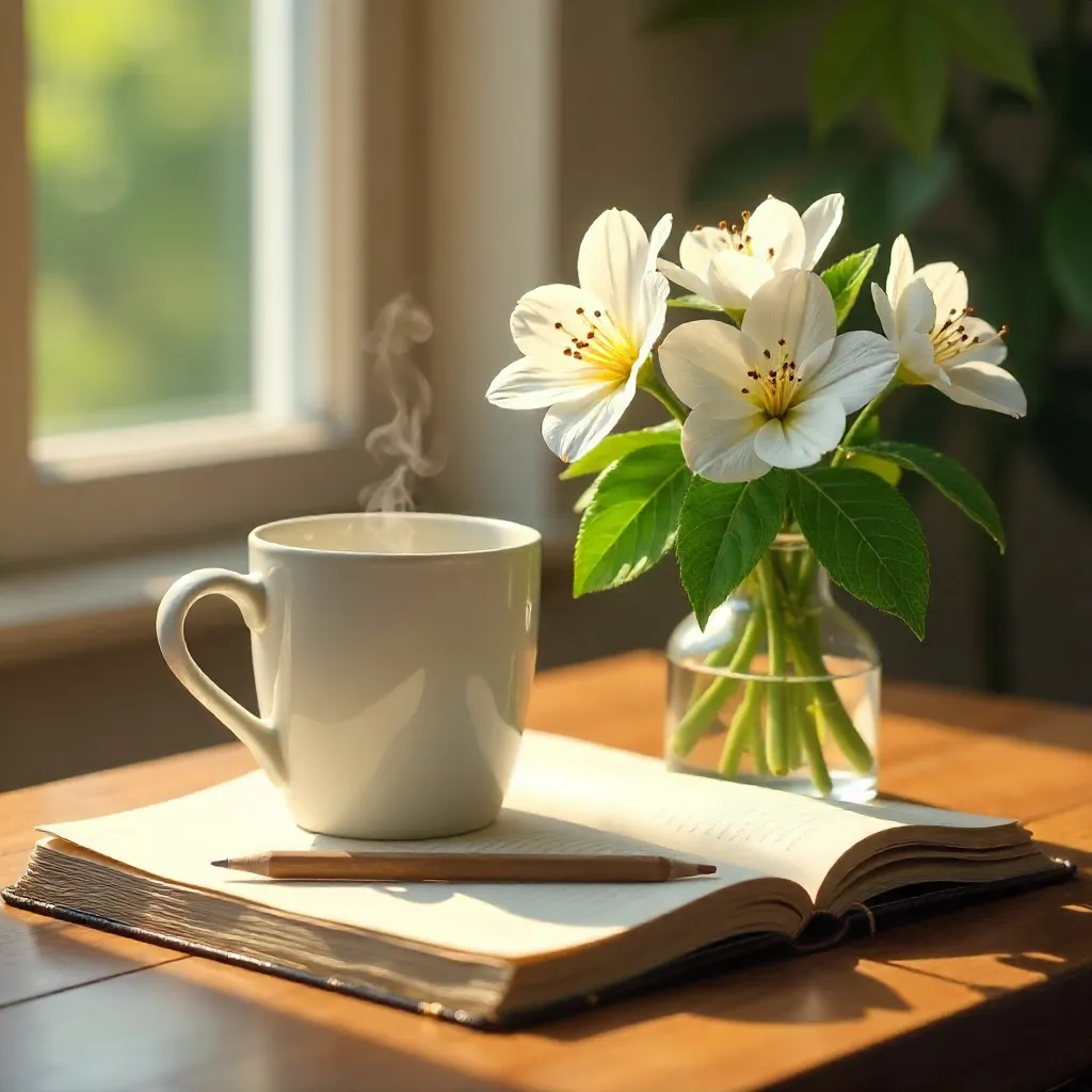 Morning Still Life: White Flowers, Coffee, and Notebook