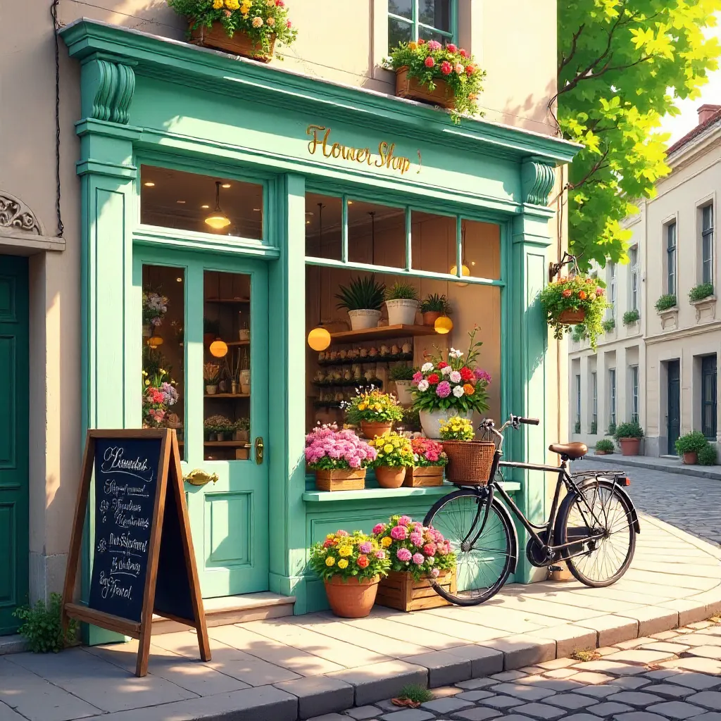 Charming Flower Shop Exterior with Plants and Bouquets