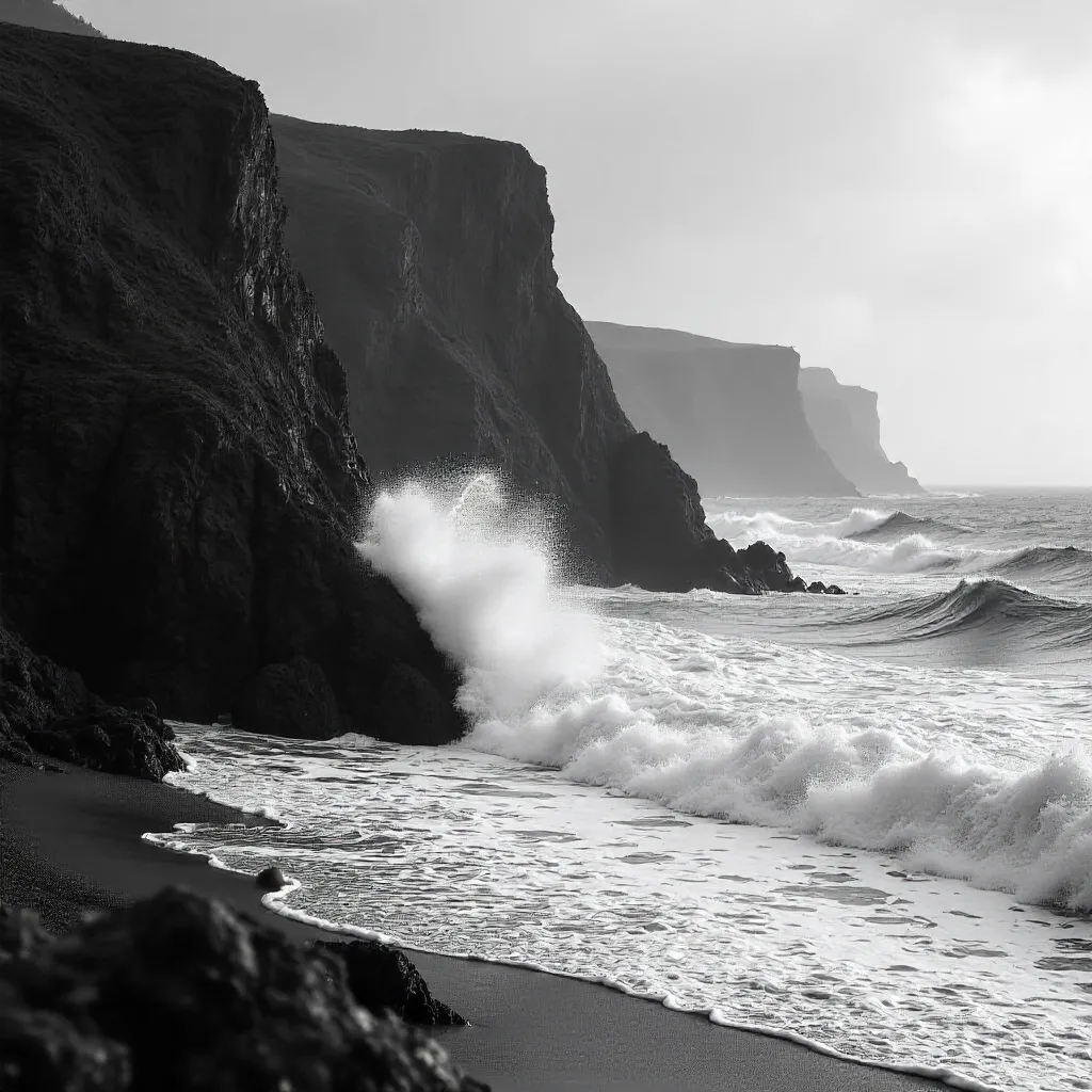 Monochrome Clash: Waves and Rugged Cliffs