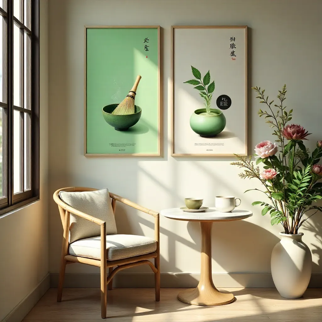 Elegant Cafe Corner: Matcha Posters & Bamboo Chair
