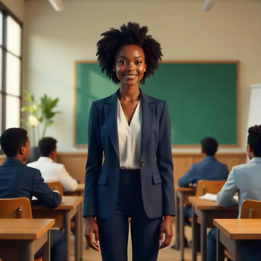 Confident Black Woman in a Modern Classroom (3D Render)