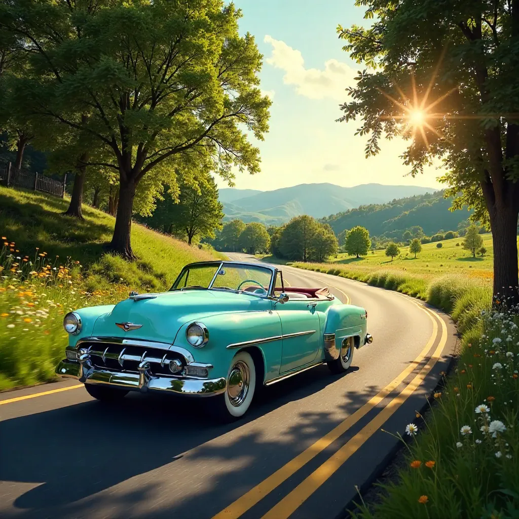 Sunny Scenic Drive: Vintage Car on Lush Road