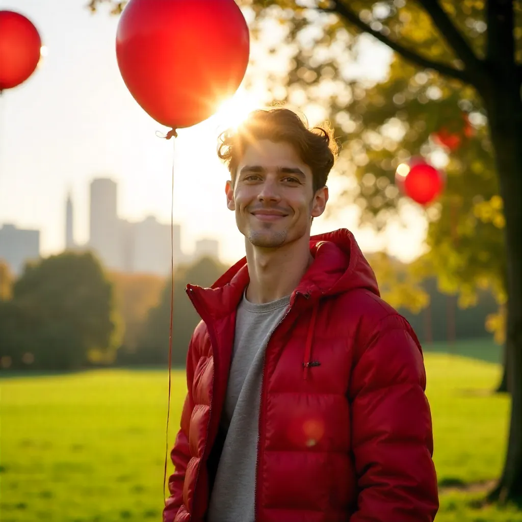 Young Man in a Red Jacket with Balloons Outdoors