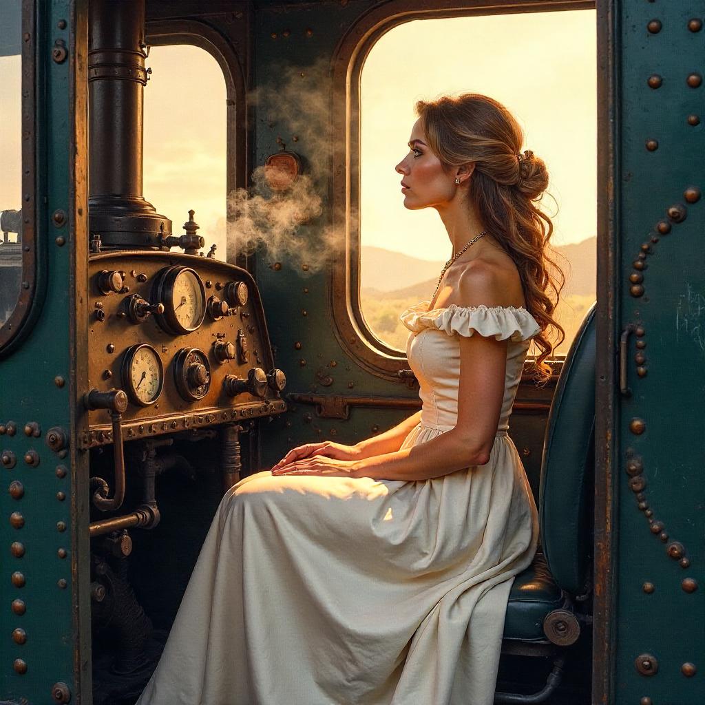Watercolor Muse in a Steam Locomotive Cab