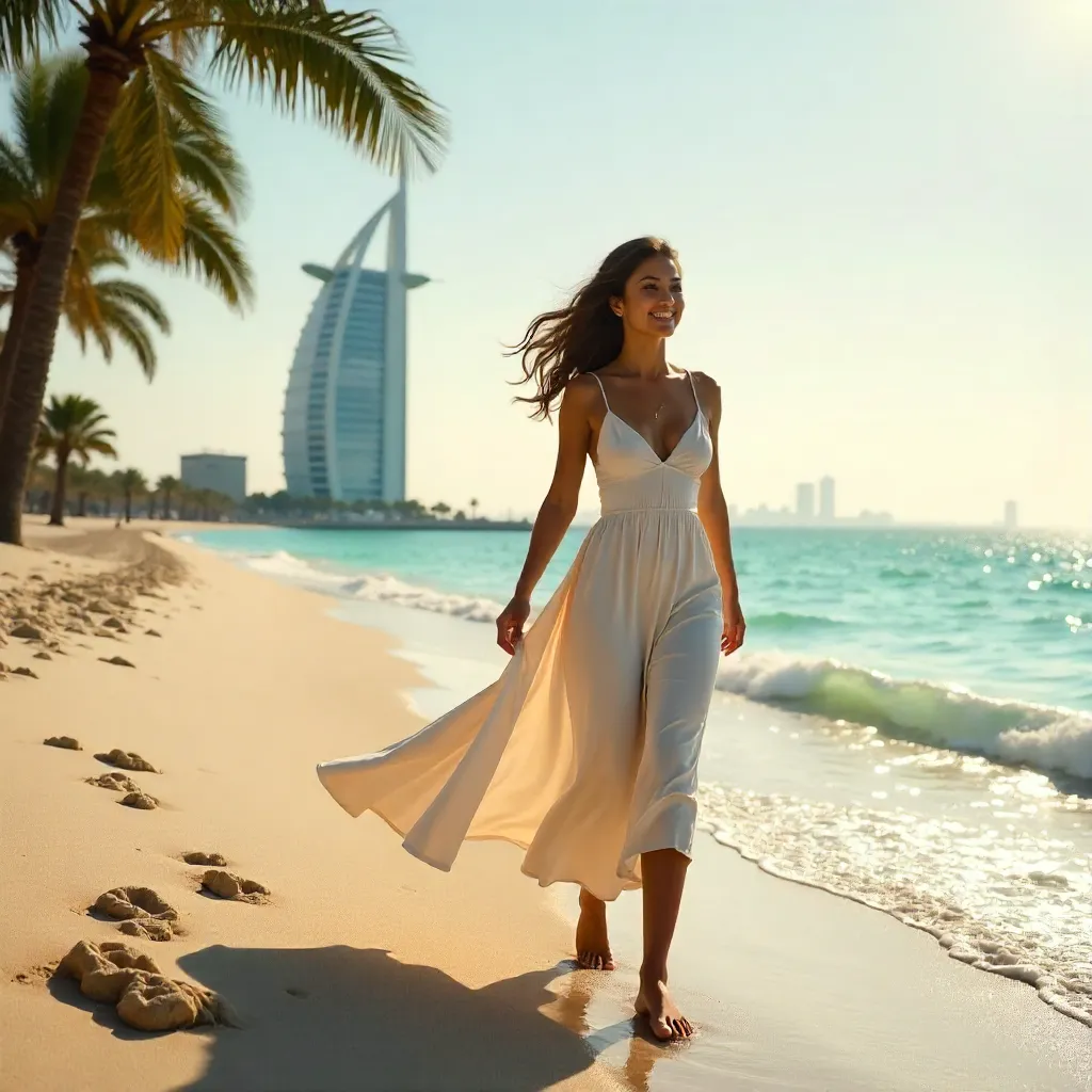 Carefree Walk by Dubai Beach with Burj Al Arab