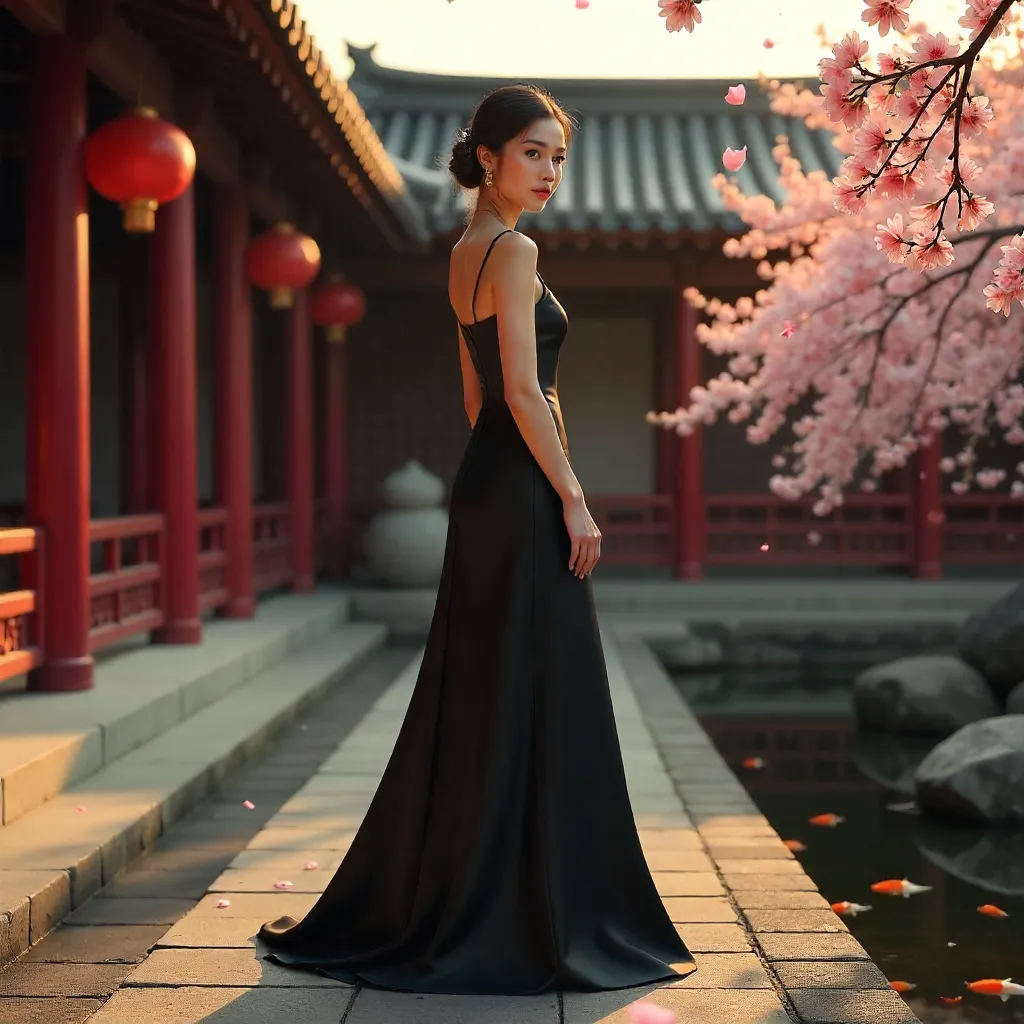 Noir Grace Among Traditional Asian Architecture