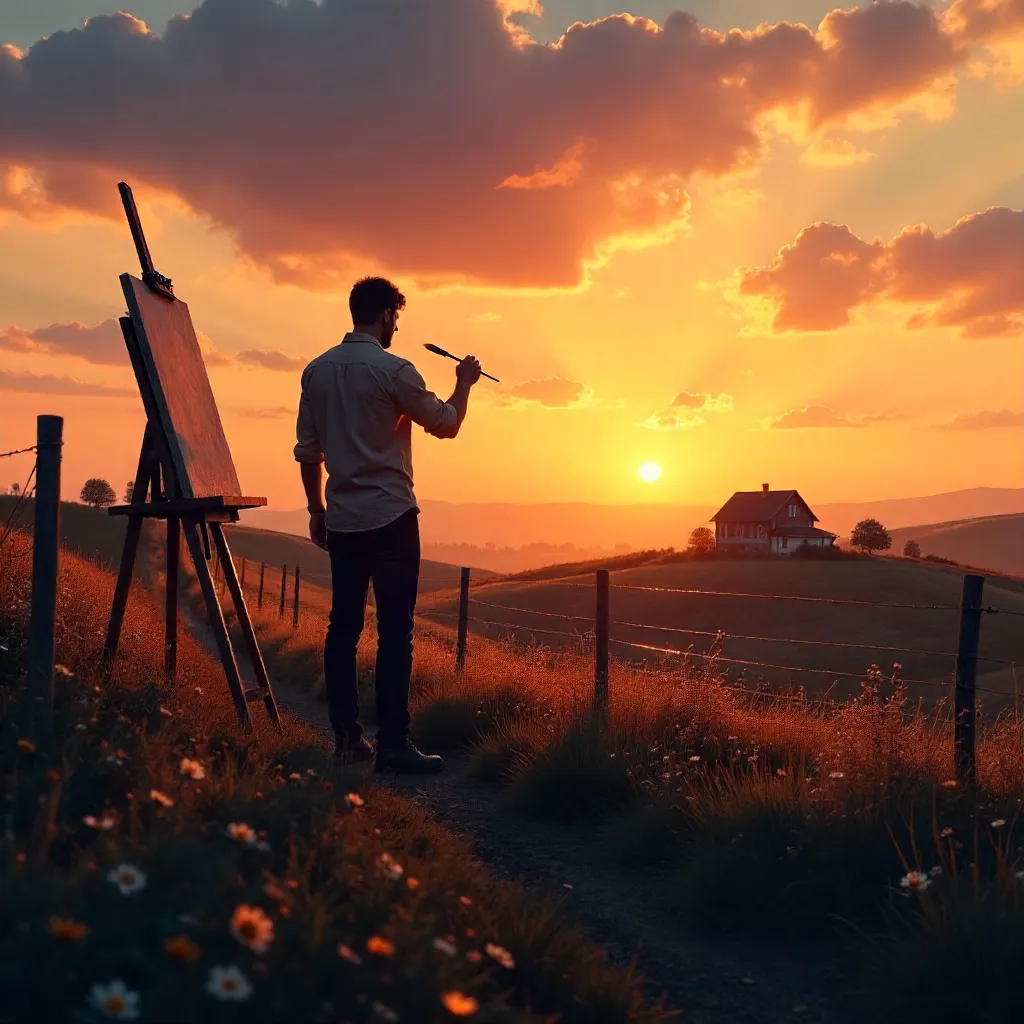 Sunset Silhouette: Artist Painting in Rural Peace