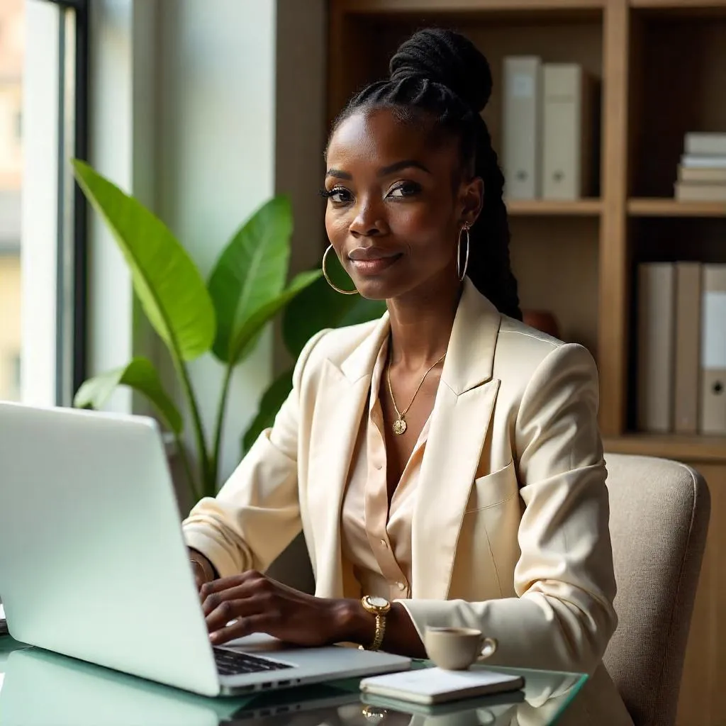 Elegant Black Woman in a Modern Photorealistic Workspace