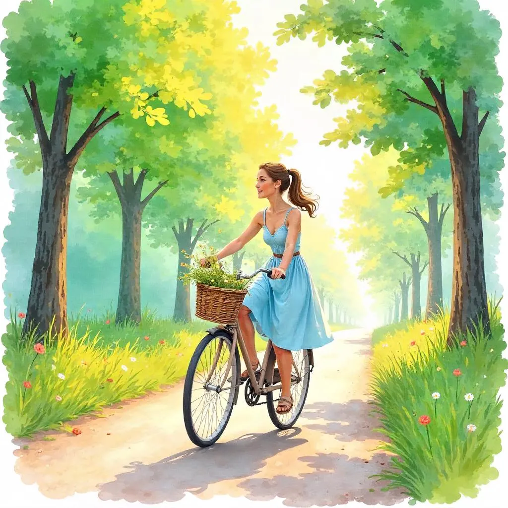 Watercolor Ride: A Young Woman on a Bicycle