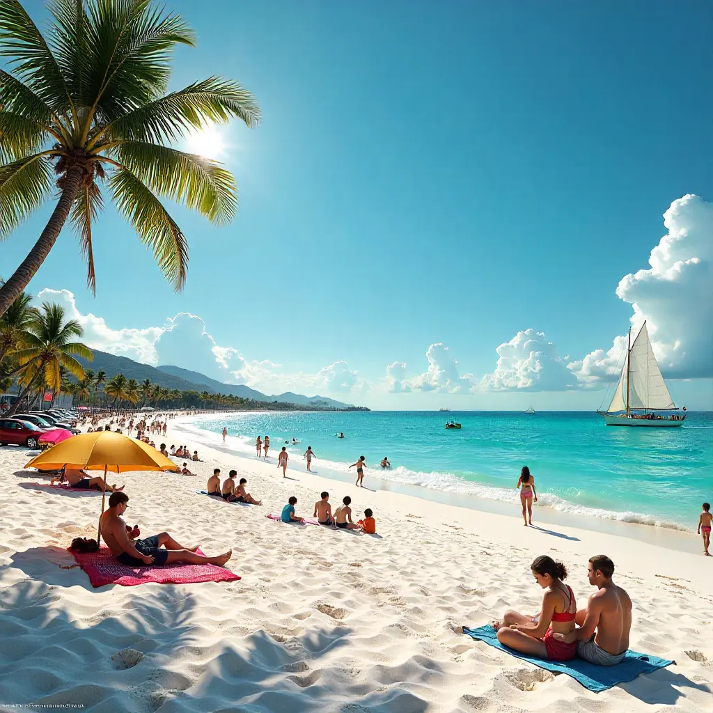 Vibrant Beach Scene with Sailboats and Cars