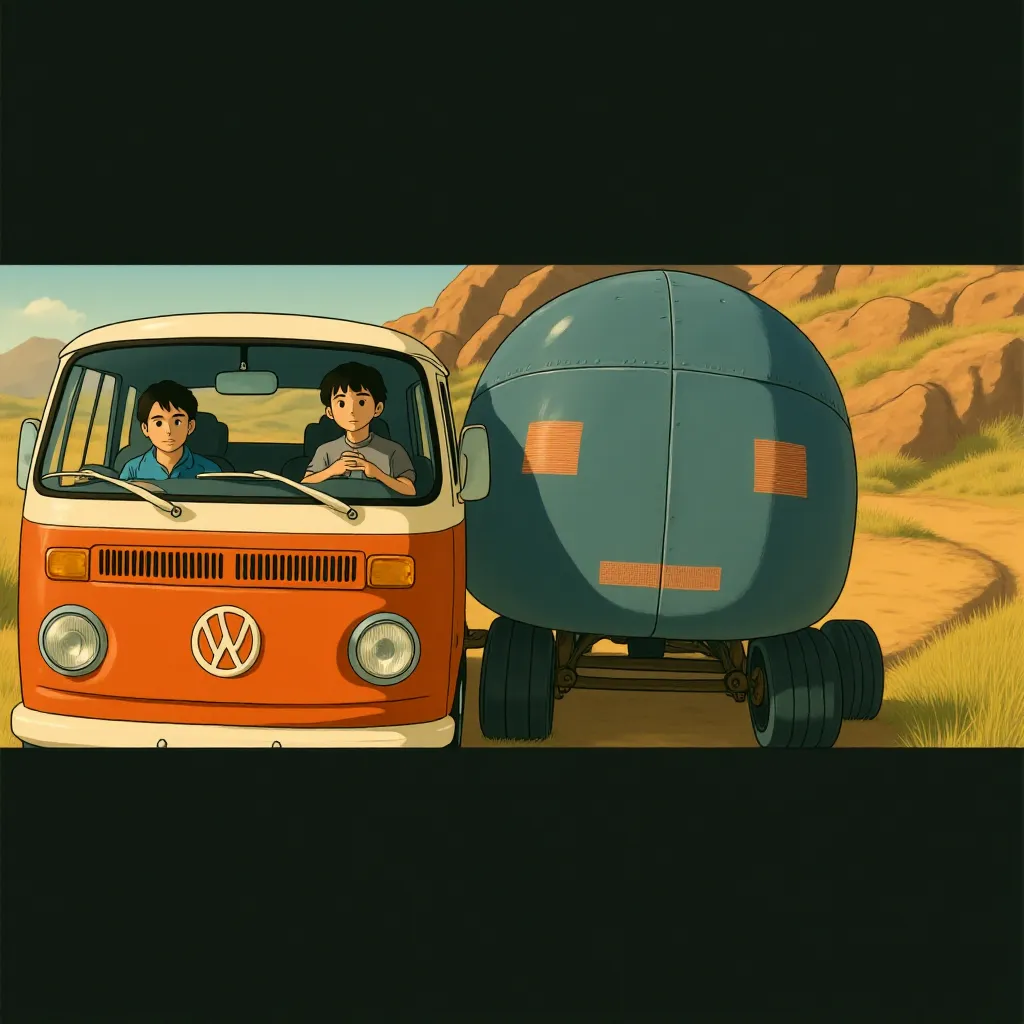 Martin Klebba, Chris Pratt, Alan Tudyk, Anthony Mackie, and Millie Bobby Brown in The Electric State (2025) - Ghibli style