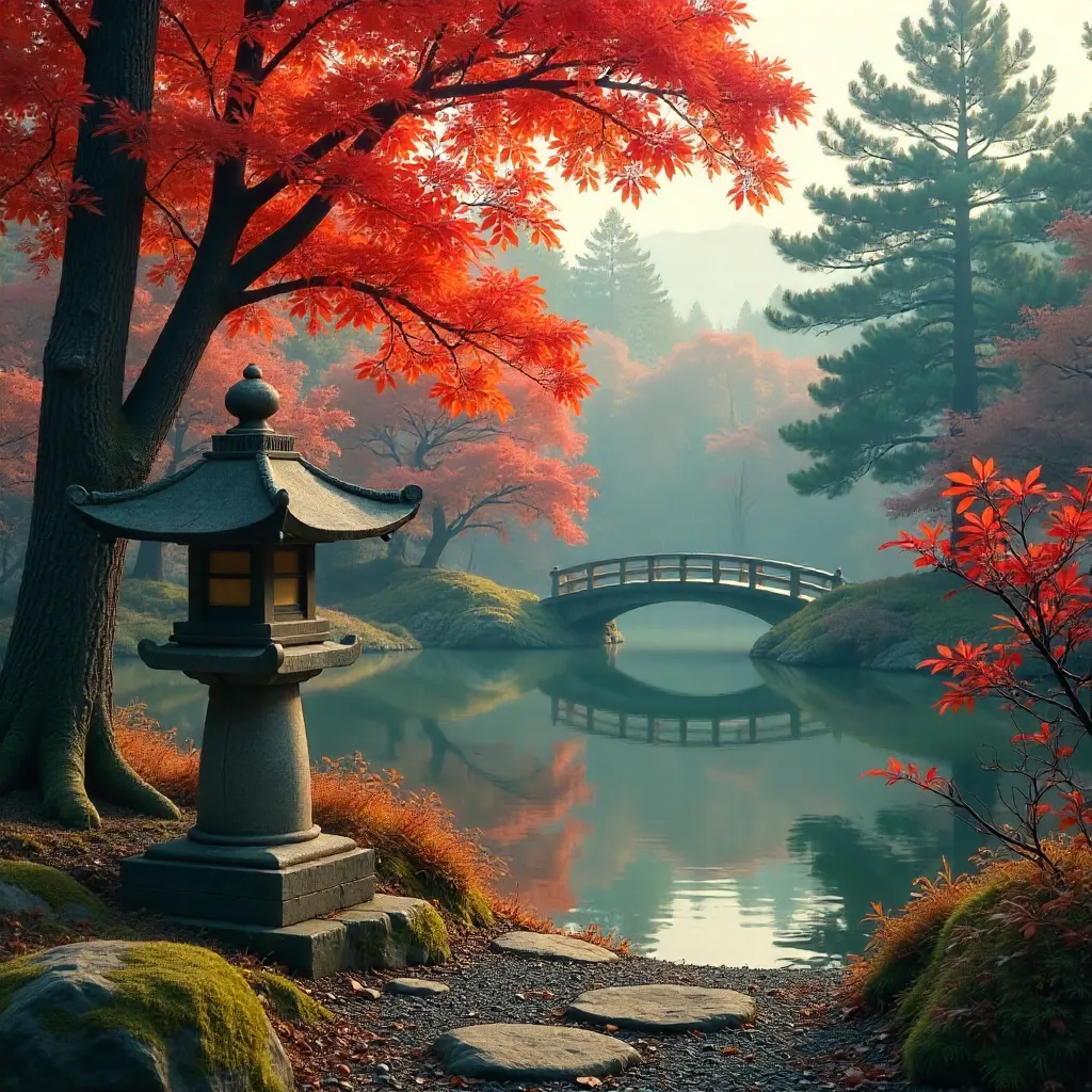 Tranquil Autumn Japanese Garden with Stone Lantern