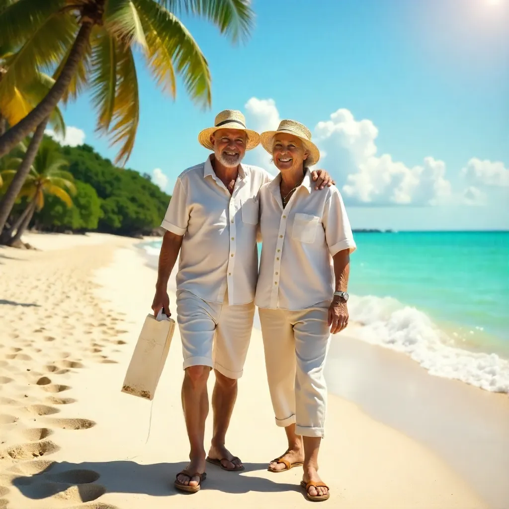 Sunny Beach Embrace: Senior Couple Travel