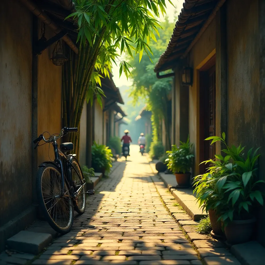 Tranquil Hanoi Alley: Bamboo, Bicycle, Soft Daylight